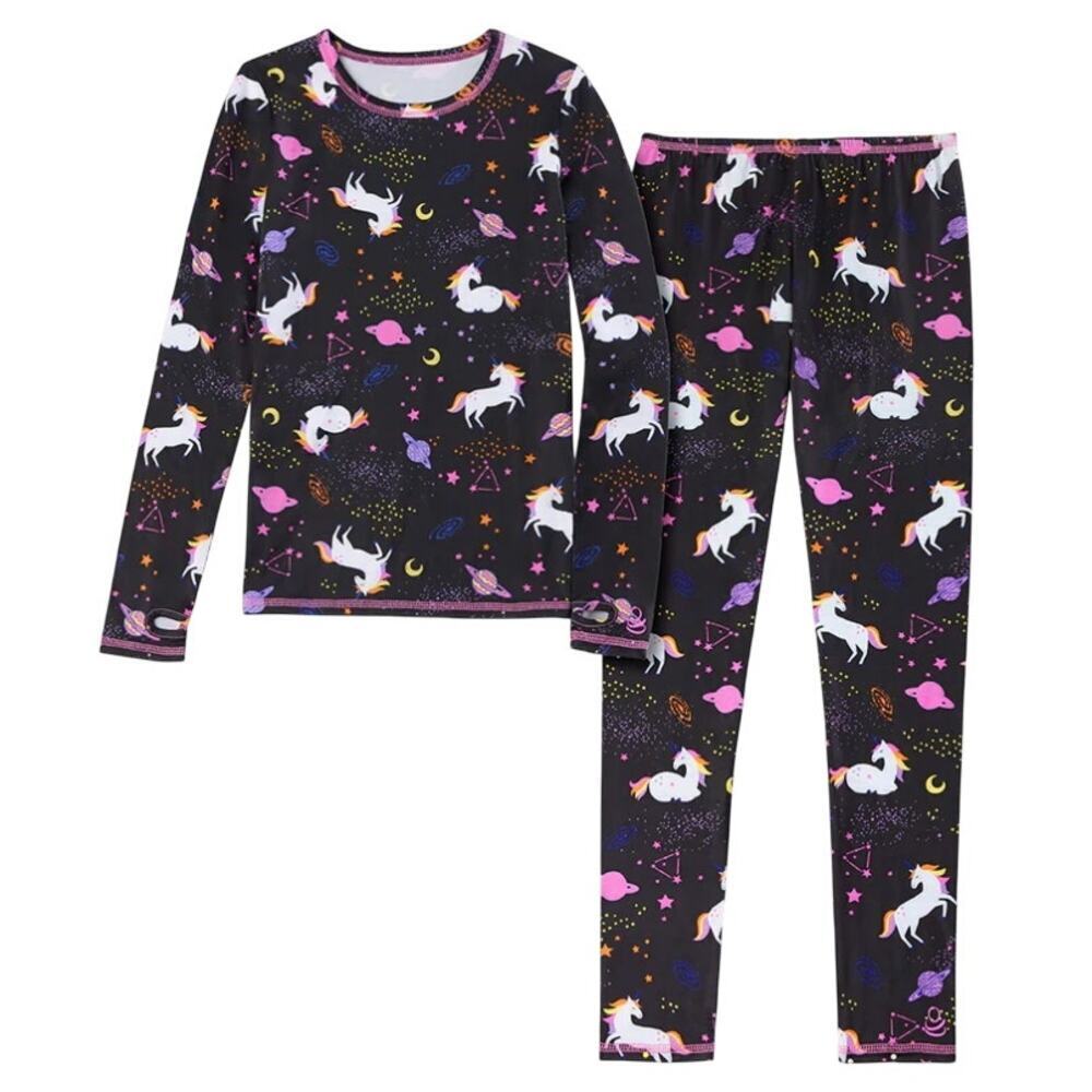 CuddlDuds Girls Comfortech Stretch Long Sleeve & Pant Set in Unicorn, Size XSe​​
